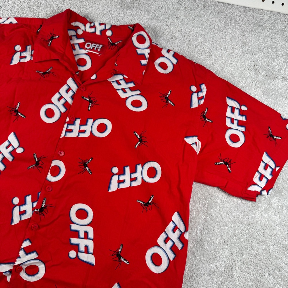 OFF! Bug Spray Button Up Shirt Mens XL Red Mosquito Graphic Novelty Promo Tee
